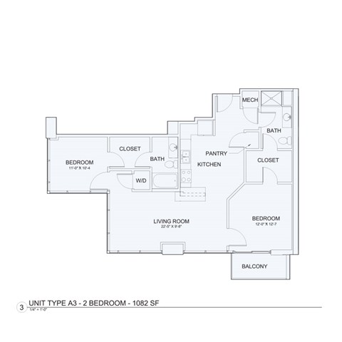 Floor plan for 1 bed, 1 bath, 823 sqft