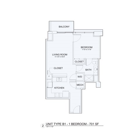 Floor plan for 2 beds, 2 baths, 1030 sqft