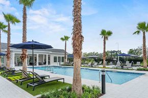 Port St. Lucie apartment for rent - A pool surrounded by palm trees and lounge chairs.