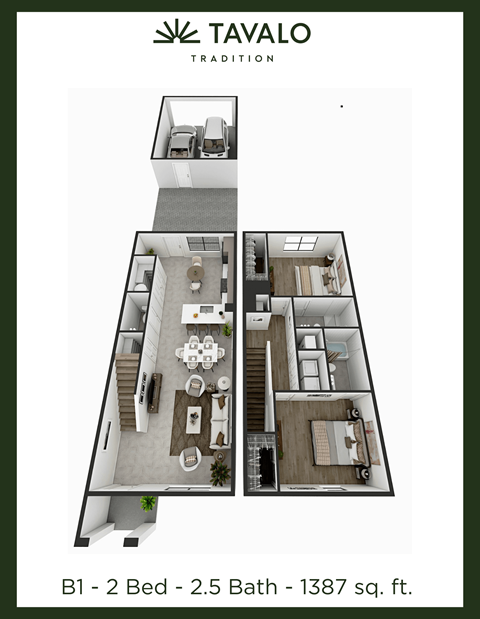 Floor plan for 2 beds, 2.5 baths, 1387 sqft