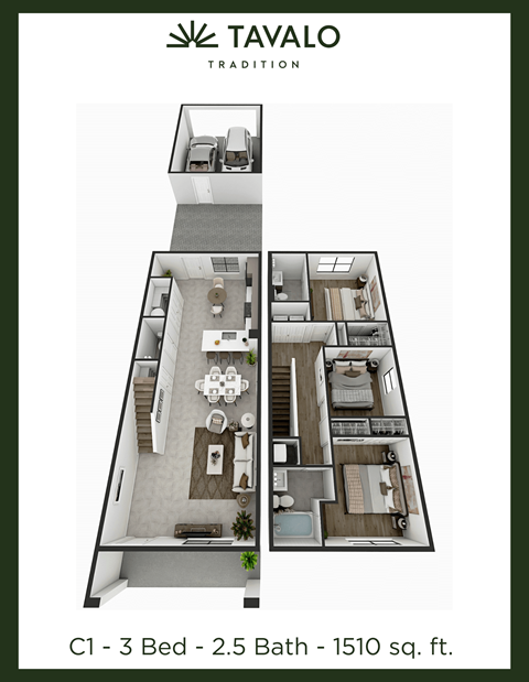 Floor plan for 3 beds, 2.5 baths, 1510 sqft