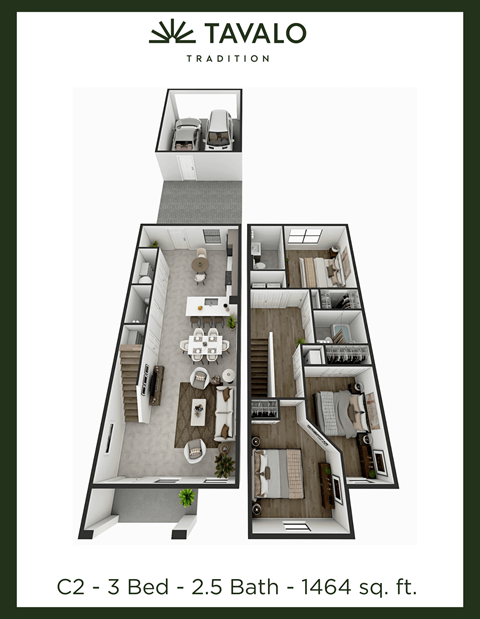 Floor plan for 3 beds, 2.5 baths, 1464 sqft