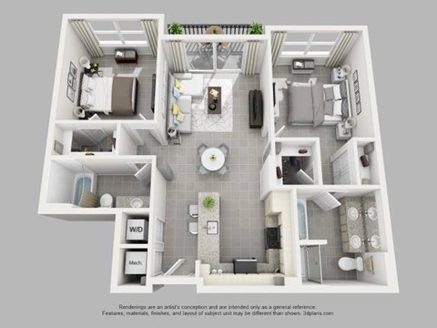Floor plan for 2 beds, 2 baths, 1103 sqft