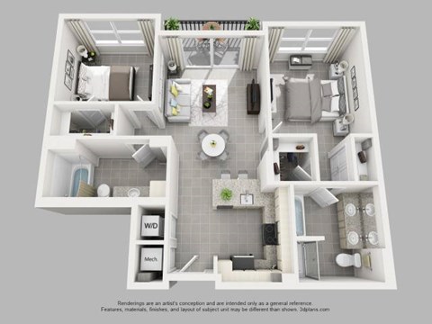 Floor plan for 2 beds, 2 baths, 1083 sqft
