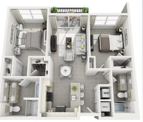 Floor plan for 2 beds, 2 baths, 1041 sqft