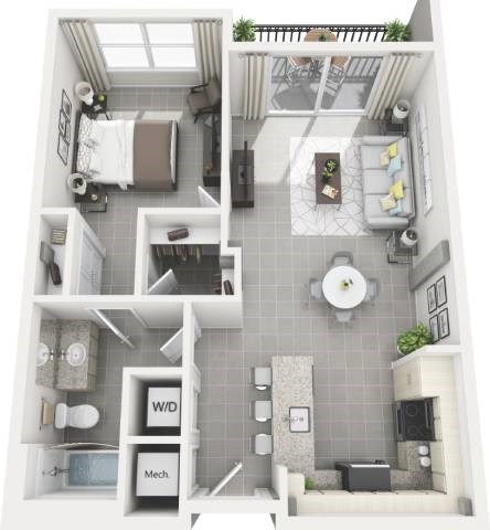 Floor plan for 1 bed, 1 bath, 826 sqft