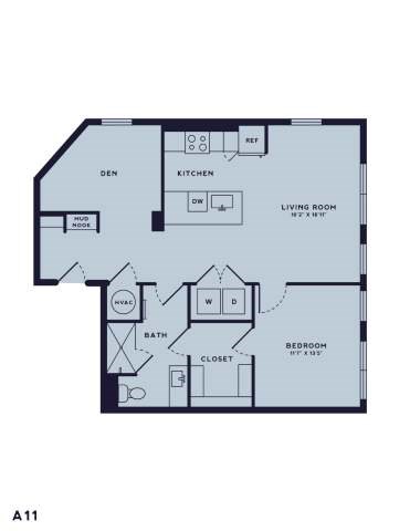 Floor plan for 1 bed, 1 bath, 935 sqft