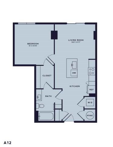 Floor plan for 1 bed, 1 bath, 727 sqft