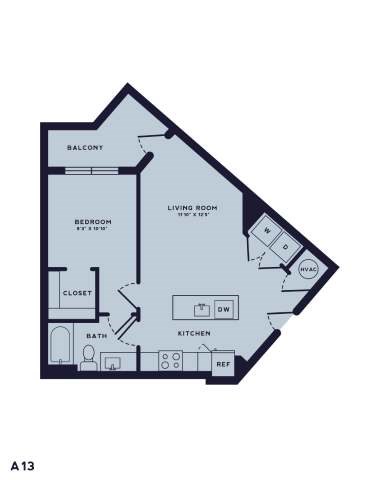 Floor plan for 1 bed, 1 bath, 660 sqft