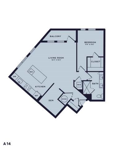 Floor plan for 1 bed, 1 bath, 942 sqft