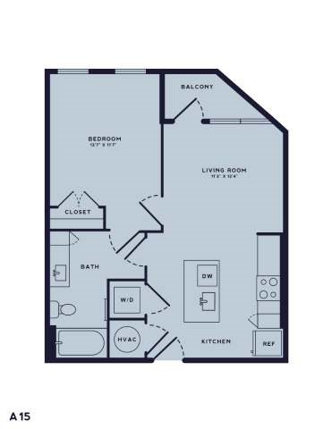 Floor plan for 1 bed, 1 bath, 634 sqft
