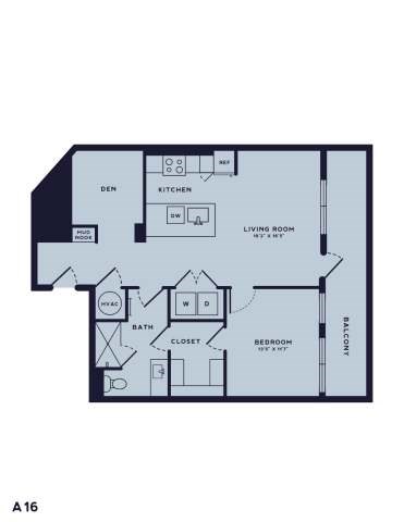 Floor plan for 1 bed, 1 bath, 935 sqft