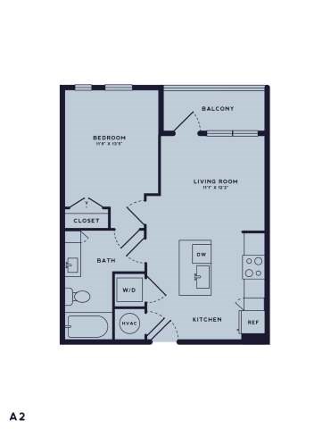 Floor plan for 1 bed, 1 bath, 635 sqft