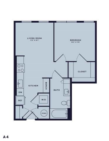 Floor plan for 1 bed, 1 bath, 617 sqft
