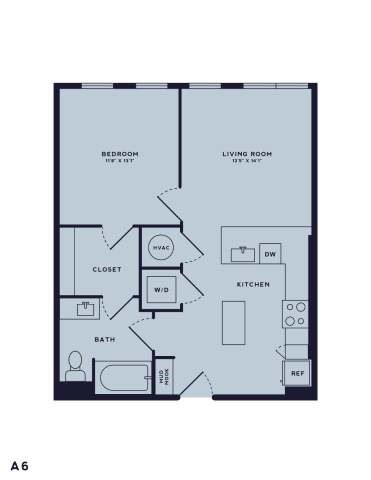 Floor plan for 1 bed, 1 bath, 696 sqft