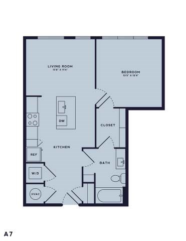 Floor plan for 1 bed, 1 bath, 724 sqft