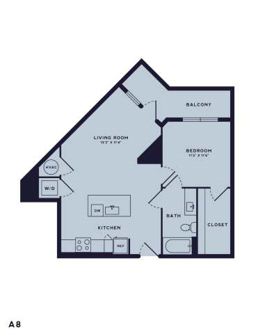 Floor plan for 1 bed, 1 bath, 751 sqft