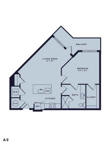 Floor plan for studio, 1 bath, 797 sqft