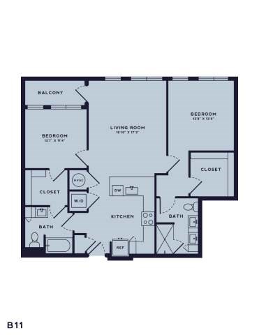 Floor plan for 2 beds, 2 baths, 1210 sqft