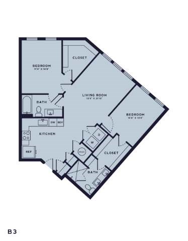 Floor plan for 2 beds, 2 baths, 1078 sqft