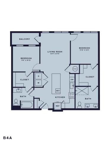 Floor plan for 2 beds, 2 baths, 1097 sqft