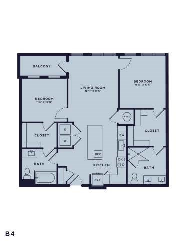Floor plan for 2 beds, 2 baths, 1097 sqft