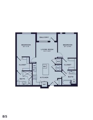 Floor plan for 2 beds, 2 baths, 1086 sqft