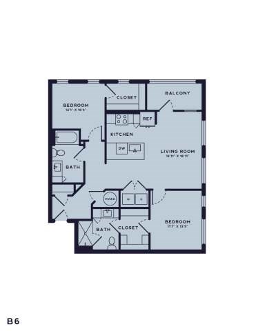 Floor plan for 1 bed, 1 bath, 1091 sqft