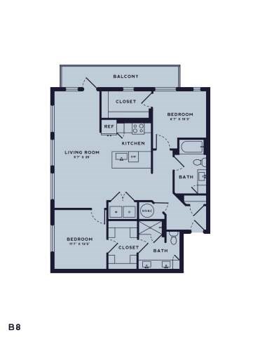 Floor plan for 2 beds, 2 baths, 1222 sqft