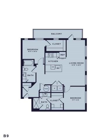 Floor plan for 2 beds, 2 baths, 1166 sqft