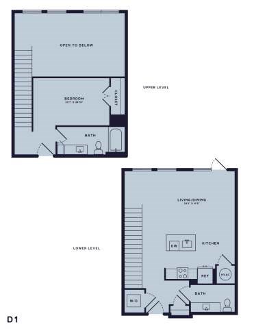 Floor plan for 1 bed, 1.5 baths, 1030 sqft