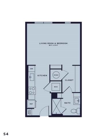 Floor plan for 1 bed, 1 bath, 557 sqft
