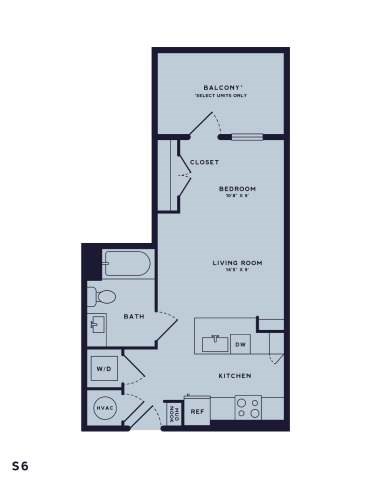 Floor plan for 1 bed, 1 bath, 512 sqft