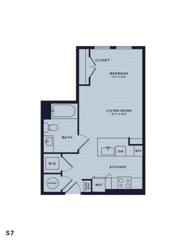 Floor plan for studio, 1 bath, 584 sqft