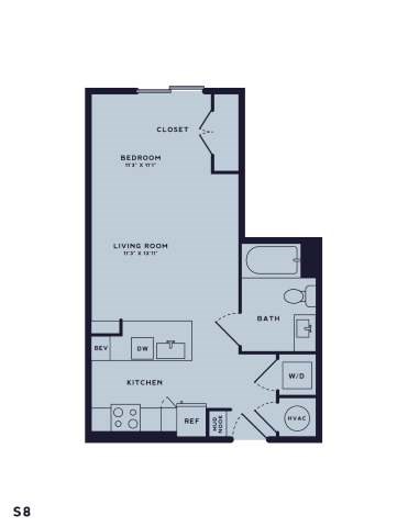 Floor plan for studio, 1 bath, 574 sqft