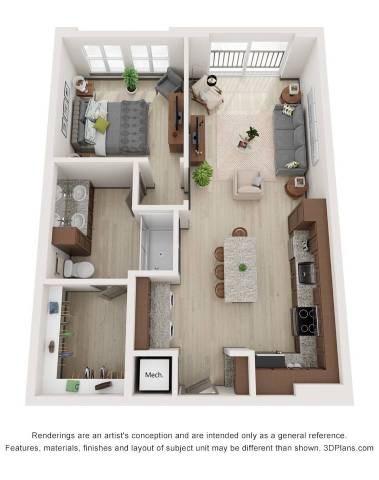 Floor plan for 1 bed, 1 bath, 716 sqft