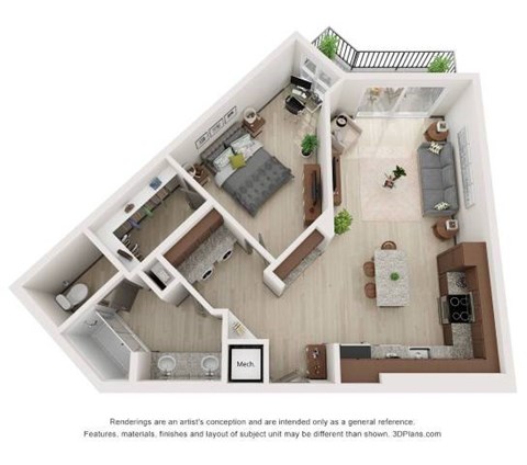 Floor plan for 1 bed, 1 bath, 854 sqft