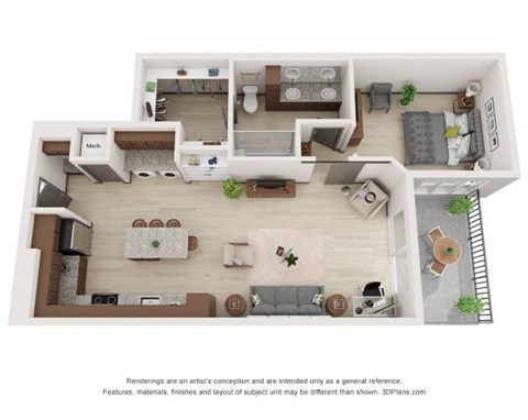 Floor plan for 1 bed, 1 bath, 914 sqft