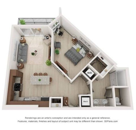 Floor plan for 1 bed, 1 bath, 860 sqft