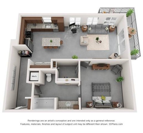 Floor plan for 1 bed, 1 bath, 1003 sqft