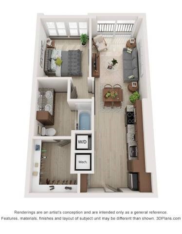 Floor plan for 1 bed, 1 bath, 650 sqft