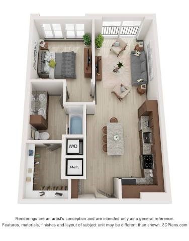 Floor plan for 1 bed, 1 bath, 734 sqft