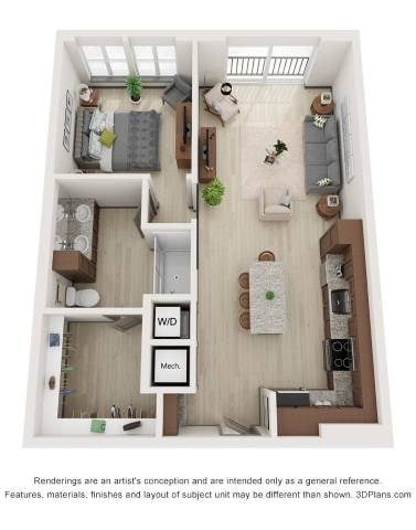 Floor plan for 1 bed, 1 bath, 800 sqft
