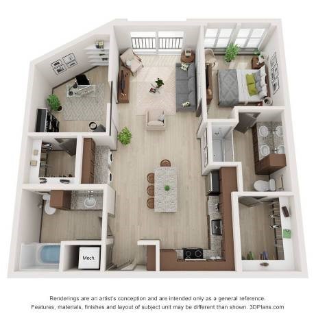 Floor plan for 2 beds, 2 baths, 1014 sqft