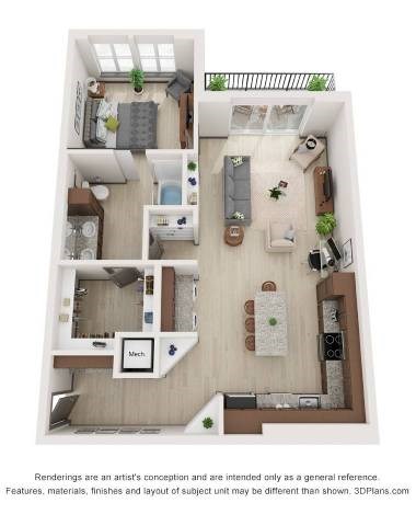 Floor plan for 1 bed, 1 bath, 914 sqft