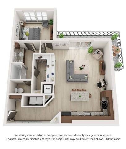 Floor plan for 1 bed, 1 bath, 988 sqft