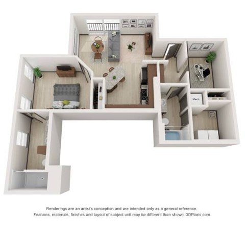 Floor plan for 1 bed, 2 baths, 940 sqft