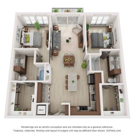 Floor plan for 2 beds, 2 baths, 1080 sqft