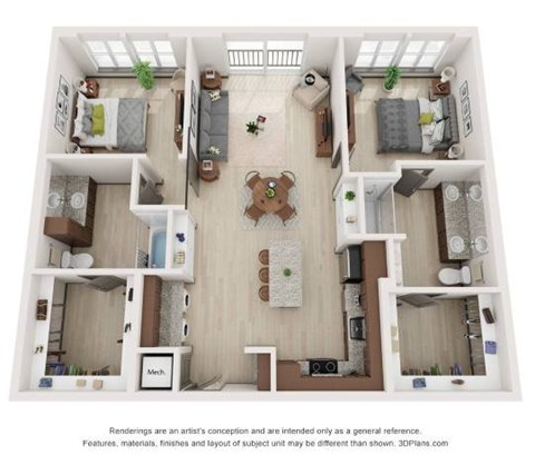 Floor plan for 2 beds, 2 baths, 1251 sqft