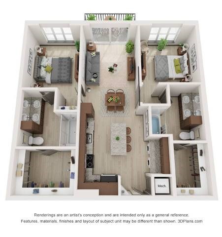 Floor plan for 2 beds, 2 baths, 1071 sqft